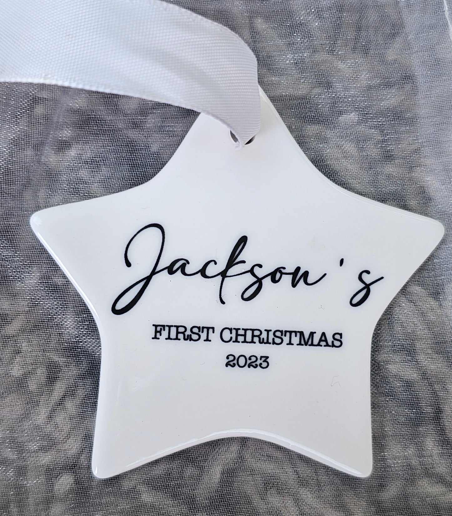 Personalised name first Christmas ceramic bauble
