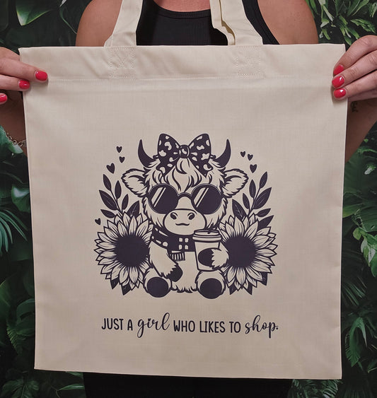 Personalised Tote Bag - Cute Cow Design, "Just  a Girl Who Likes to Shop"