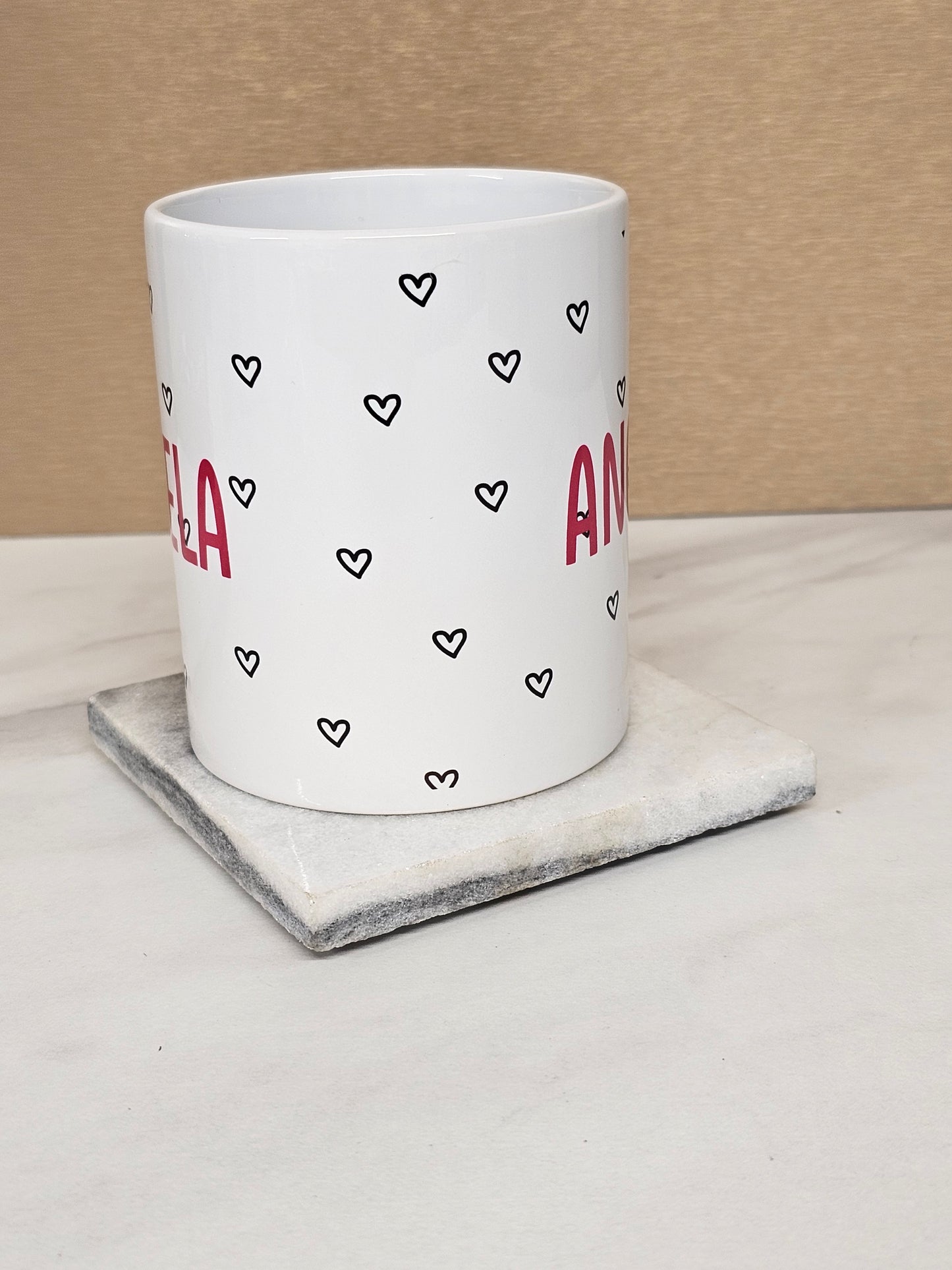 Personalised Ceramic Mug with Name and Heart Pattern